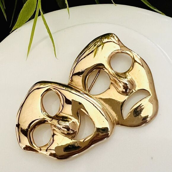 Vintage Comedy Tragedy Theater Face Mask Shiny Gold Tone Pin Drama Brooch 4326 - Picture 7 of 9